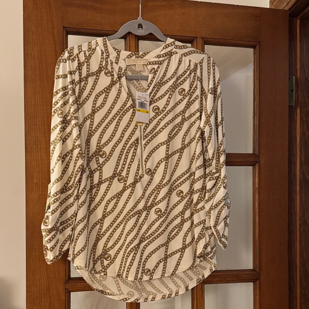 MK Chain Patterned Cream and Brown Women's Top